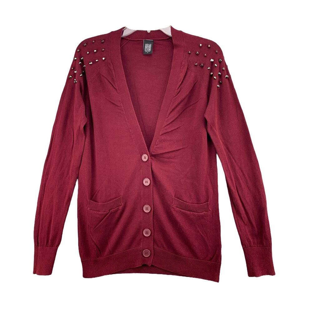 Nollie Oxblood Womens Cardigan Sweater Size Small Pockets Red Studded Stretch